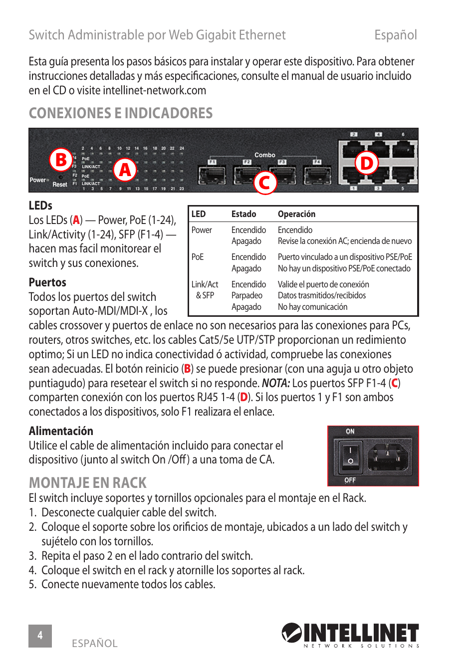 Ab c d, Conexiones e indicadores, Montaje en rack | INTELLINET NETWORK 560900 24 Ports Gigabit + 4 Gigabit SFP PoE+ Web Management Ethernet Switch Quick Install Guide User Manual | Page 4 / 12