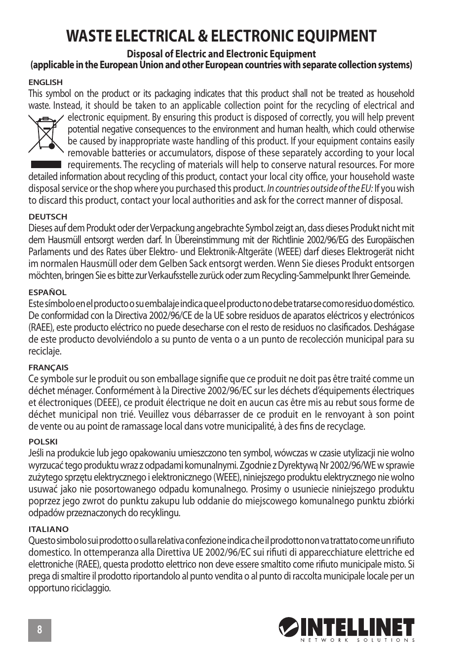 Waste electrical & electronic equipment | INTELLINET NETWORK 560900 24 Ports Gigabit + 4 Gigabit SFP PoE+ Web Management Ethernet Switch Quick Install Guide User Manual | Page 8 / 12