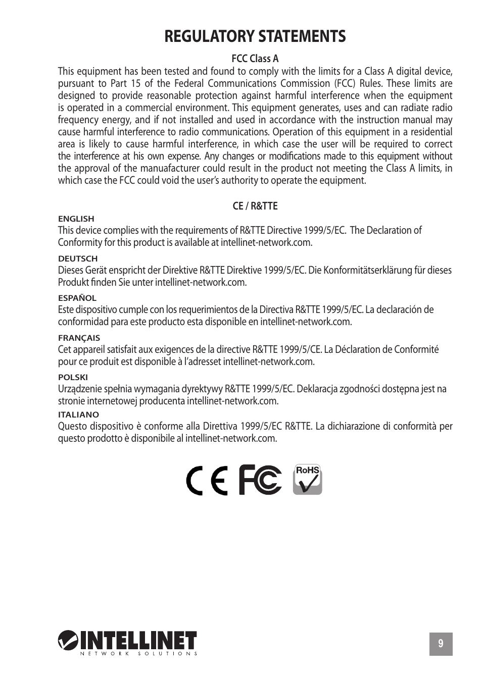 Regulatory statements | INTELLINET NETWORK 560900 24 Ports Gigabit + 4 Gigabit SFP PoE+ Web Management Ethernet Switch Quick Install Guide User Manual | Page 9 / 12