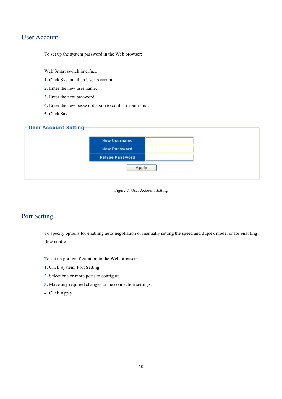 User account, Port setting | INTELLINET NETWORK 560559 16 Ports Gigabit + 2 Gigabit SFP PoE+ Web Management Ethernet Switch User Manual User Manual | Page 10 / 58