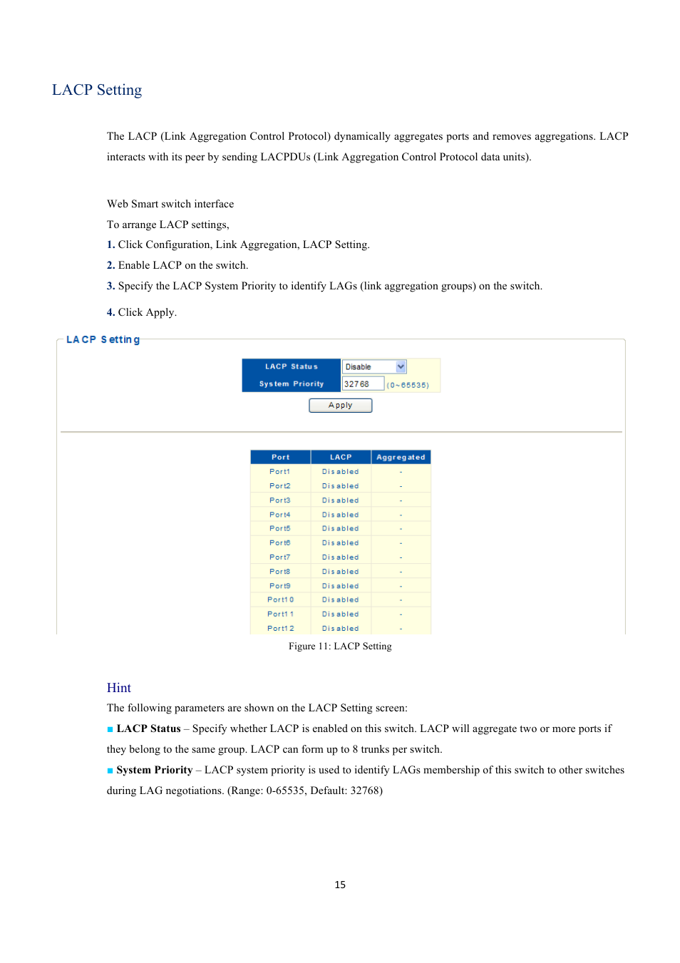 Lacp setting, Hint | INTELLINET NETWORK 560559 16 Ports Gigabit + 2 Gigabit SFP PoE+ Web Management Ethernet Switch User Manual User Manual | Page 15 / 58