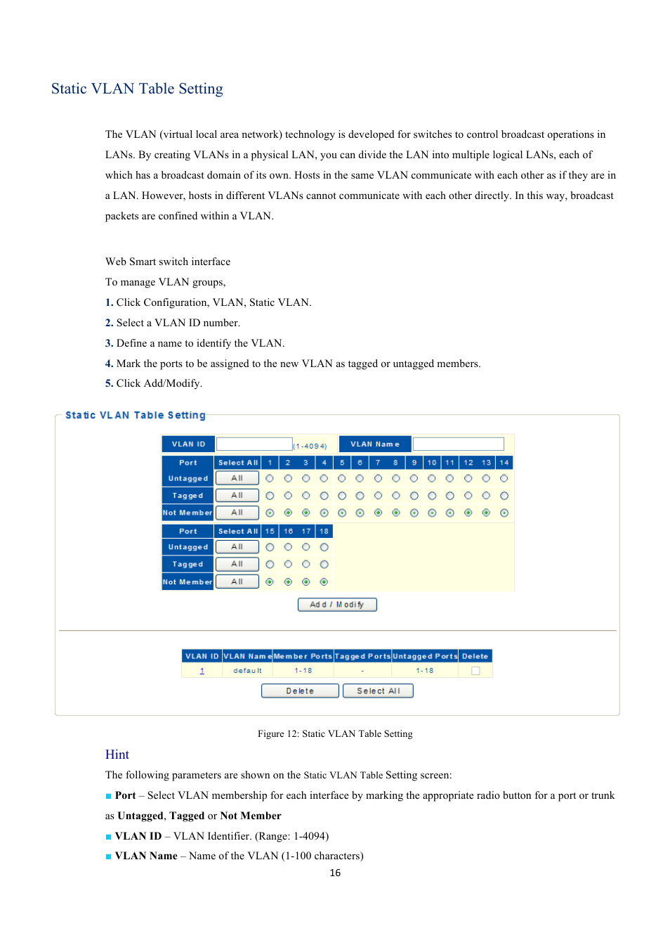 Static vlan table setting, Hint | INTELLINET NETWORK 560559 16 Ports Gigabit + 2 Gigabit SFP PoE+ Web Management Ethernet Switch User Manual User Manual | Page 16 / 58