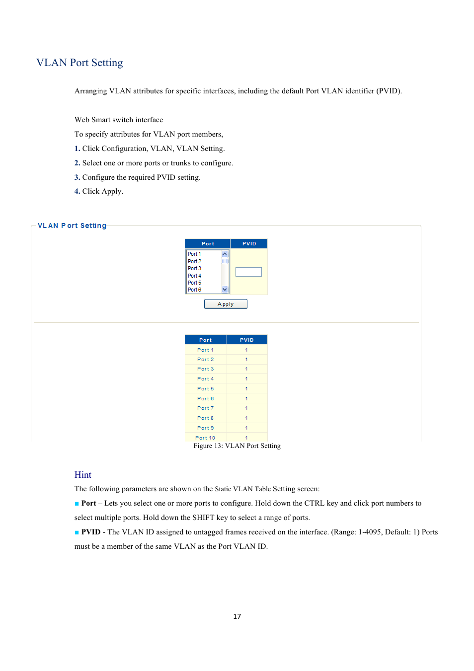 Vlan port setting | INTELLINET NETWORK 560559 16 Ports Gigabit + 2 Gigabit SFP PoE+ Web Management Ethernet Switch User Manual User Manual | Page 17 / 58