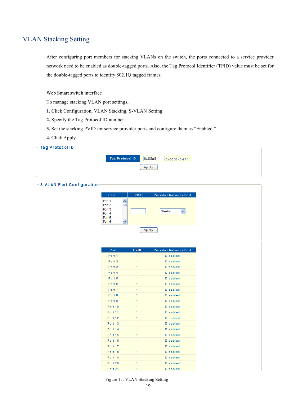 Vlan stacking setting | INTELLINET NETWORK 560559 16 Ports Gigabit + 2 Gigabit SFP PoE+ Web Management Ethernet Switch User Manual User Manual | Page 19 / 58