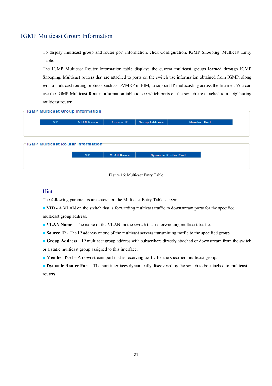 Igmp multicast group information, Hint | INTELLINET NETWORK 560559 16 Ports Gigabit + 2 Gigabit SFP PoE+ Web Management Ethernet Switch User Manual User Manual | Page 21 / 58