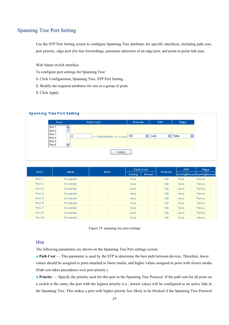 Spanning tree port setting | INTELLINET NETWORK 560559 16 Ports Gigabit + 2 Gigabit SFP PoE+ Web Management Ethernet Switch User Manual User Manual | Page 27 / 58