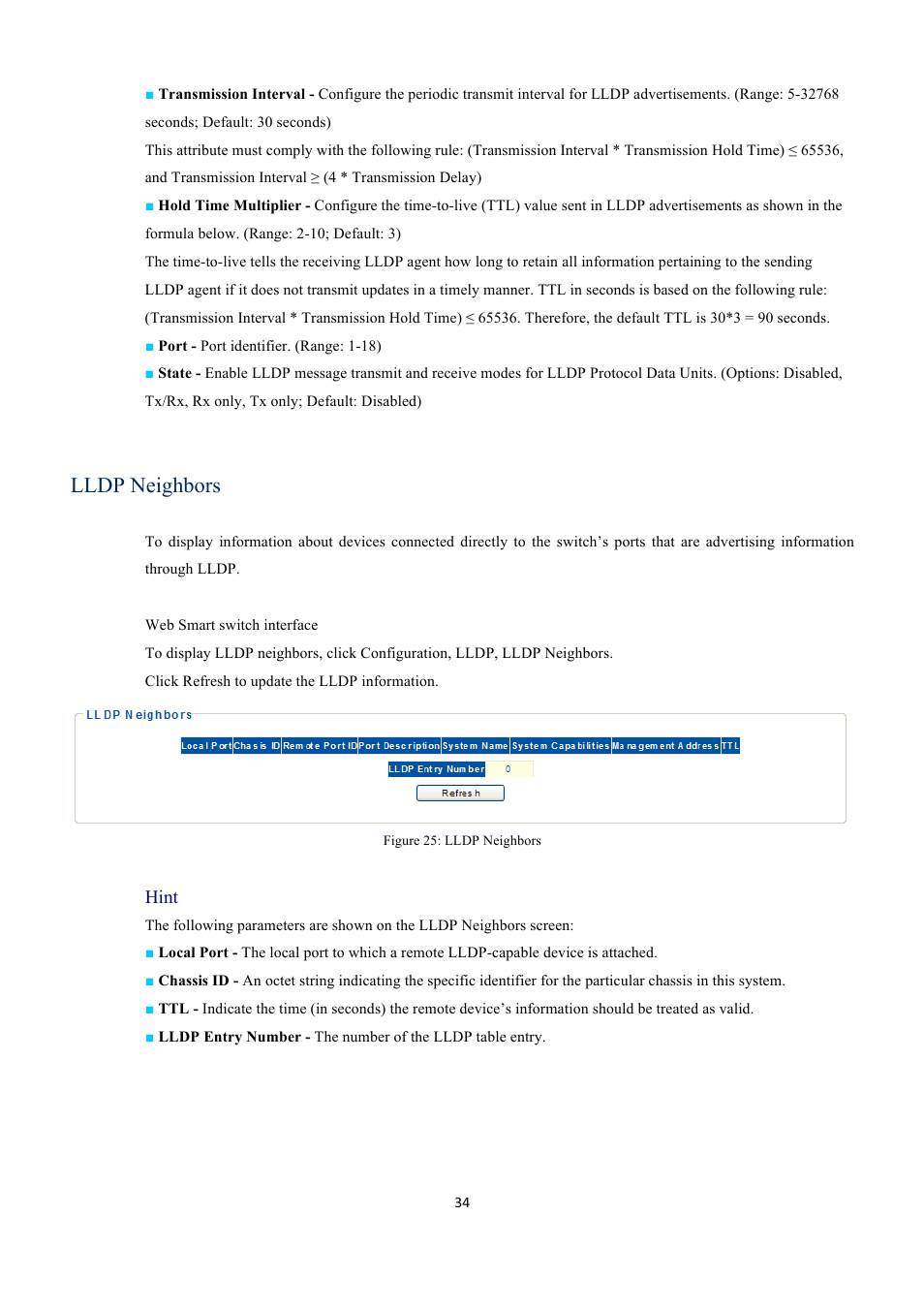 Lldp neighbors, Hint | INTELLINET NETWORK 560559 16 Ports Gigabit + 2 Gigabit SFP PoE+ Web Management Ethernet Switch User Manual User Manual | Page 34 / 58