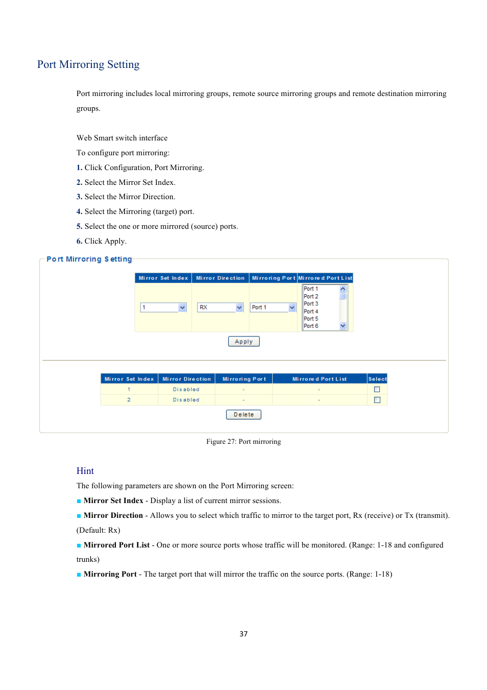 Port mirroring setting, Hint | INTELLINET NETWORK 560559 16 Ports Gigabit + 2 Gigabit SFP PoE+ Web Management Ethernet Switch User Manual User Manual | Page 37 / 58
