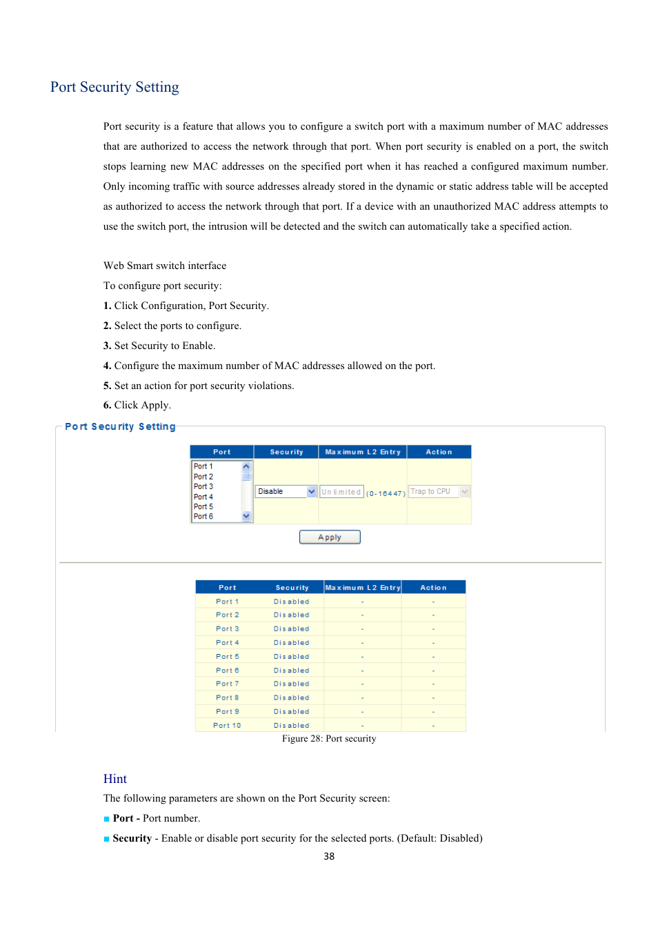 Port security setting, Hint | INTELLINET NETWORK 560559 16 Ports Gigabit + 2 Gigabit SFP PoE+ Web Management Ethernet Switch User Manual User Manual | Page 38 / 58