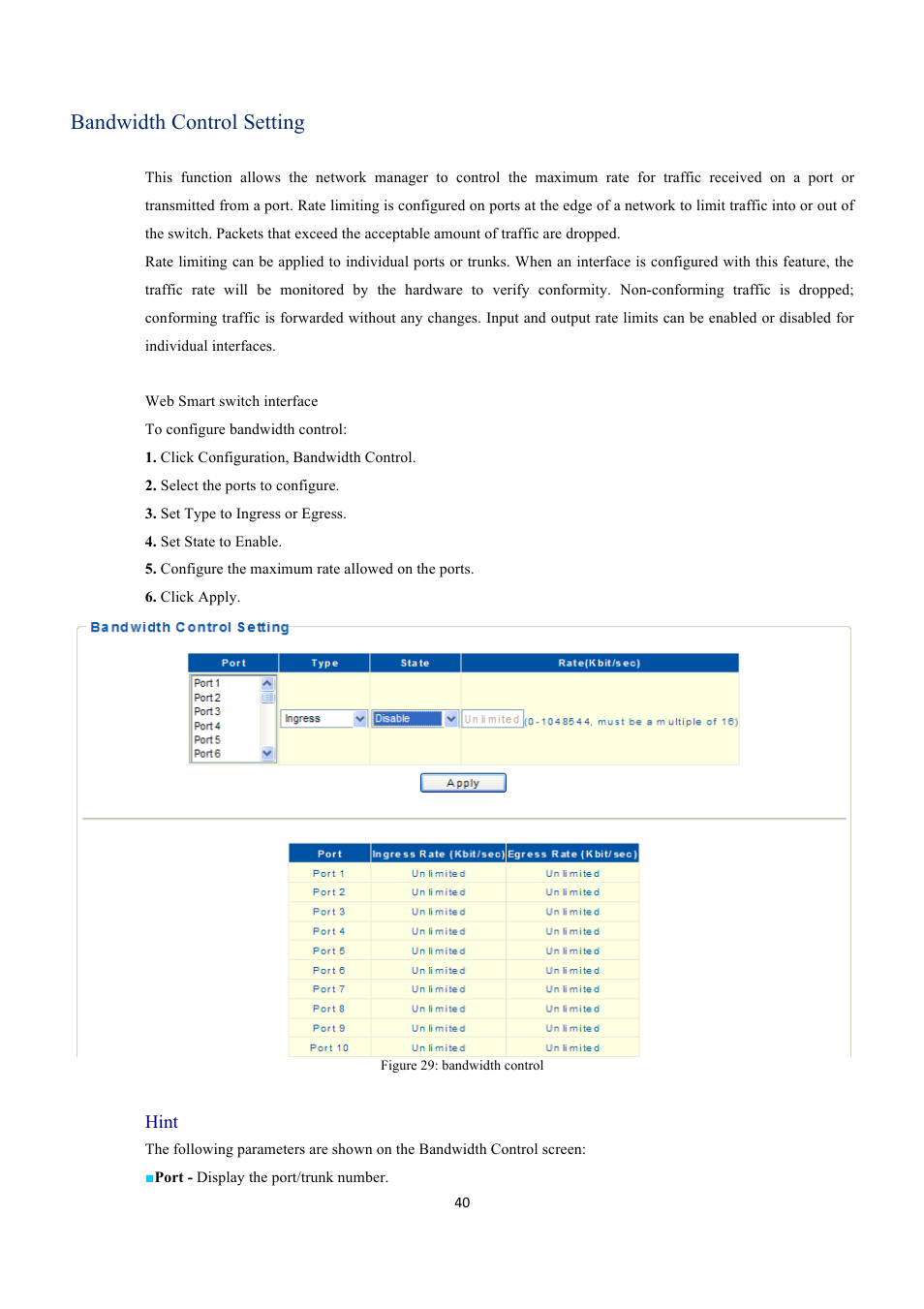 Bandwidth control setting | INTELLINET NETWORK 560559 16 Ports Gigabit + 2 Gigabit SFP PoE+ Web Management Ethernet Switch User Manual User Manual | Page 40 / 58