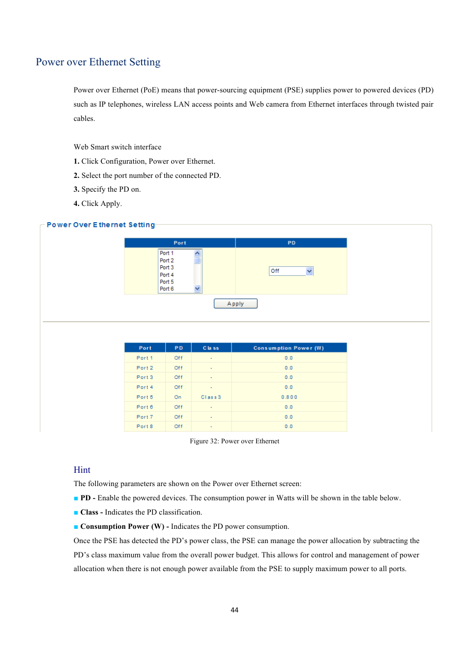 Power over ethernet setting | INTELLINET NETWORK 560559 16 Ports Gigabit + 2 Gigabit SFP PoE+ Web Management Ethernet Switch User Manual User Manual | Page 44 / 58
