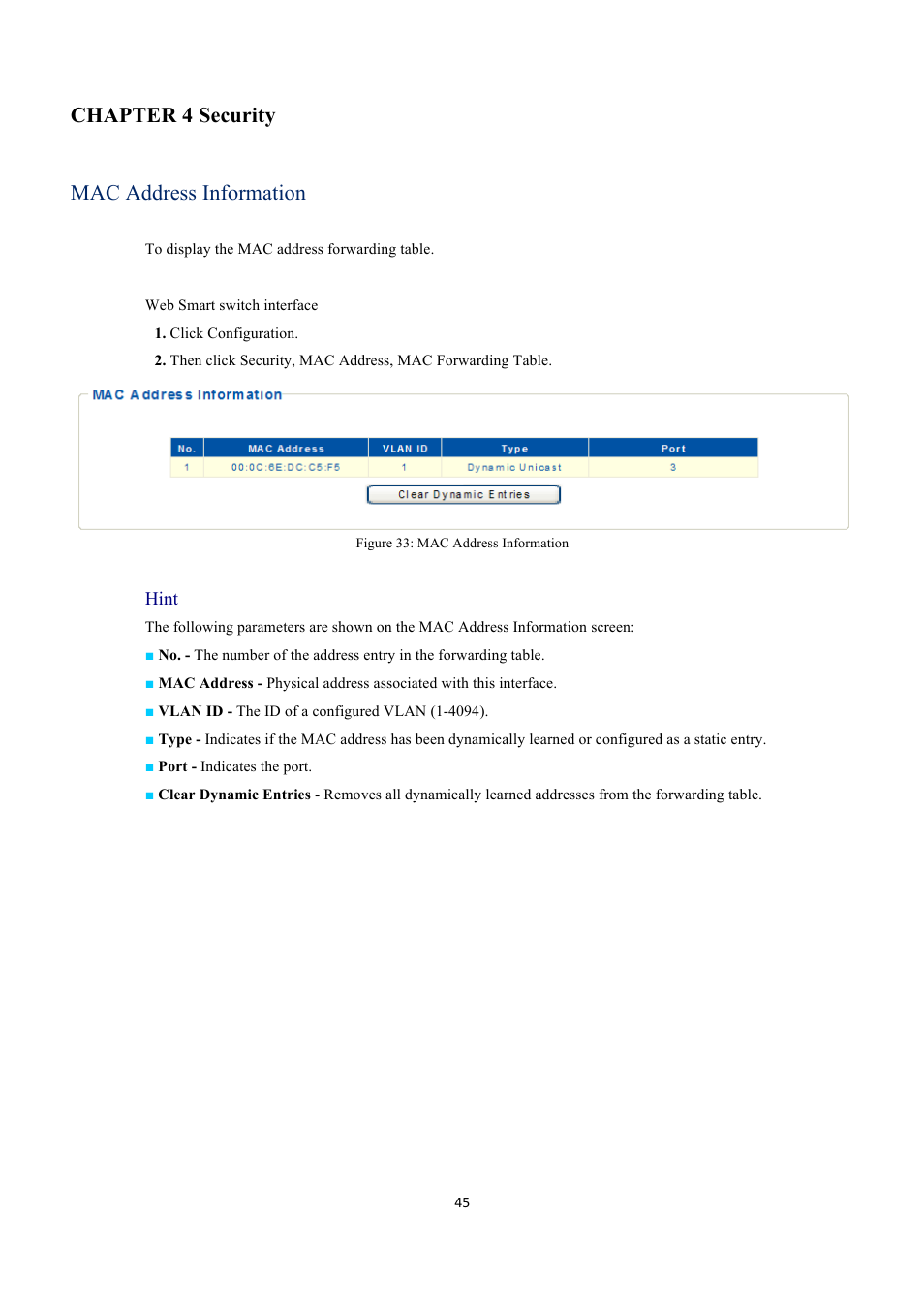 Chapter 4 security, Mac address information | INTELLINET NETWORK 560559 16 Ports Gigabit + 2 Gigabit SFP PoE+ Web Management Ethernet Switch User Manual User Manual | Page 45 / 58