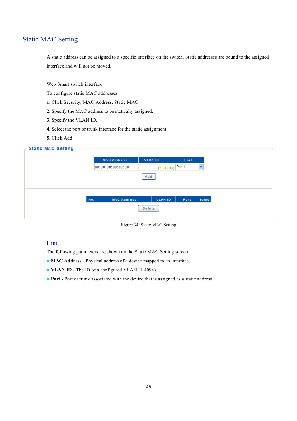 Static mac setting, Hint | INTELLINET NETWORK 560559 16 Ports Gigabit + 2 Gigabit SFP PoE+ Web Management Ethernet Switch User Manual User Manual | Page 46 / 58