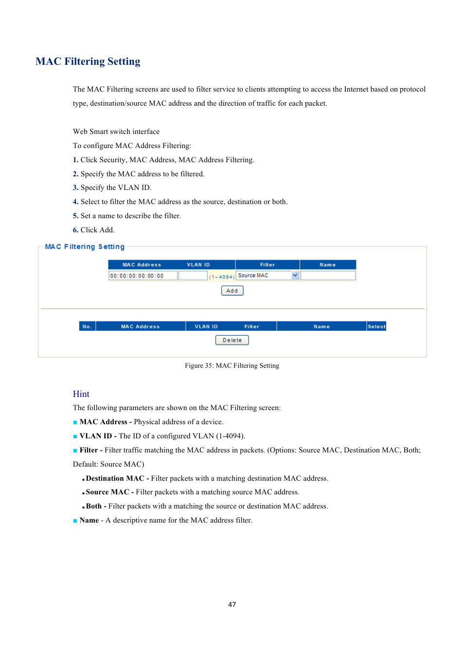 Mac filtering setting, Hint | INTELLINET NETWORK 560559 16 Ports Gigabit + 2 Gigabit SFP PoE+ Web Management Ethernet Switch User Manual User Manual | Page 47 / 58