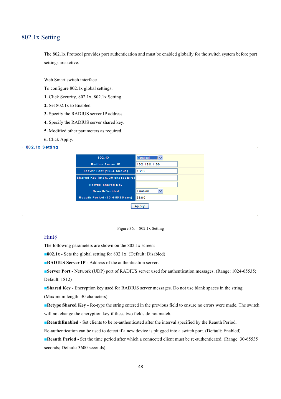 1x setting, Hint | INTELLINET NETWORK 560559 16 Ports Gigabit + 2 Gigabit SFP PoE+ Web Management Ethernet Switch User Manual User Manual | Page 48 / 58