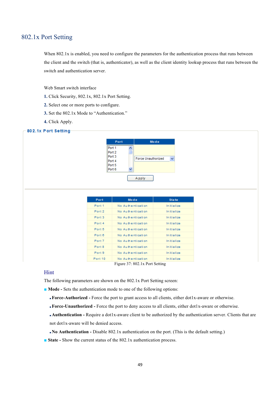 1x port setting, Hint | INTELLINET NETWORK 560559 16 Ports Gigabit + 2 Gigabit SFP PoE+ Web Management Ethernet Switch User Manual User Manual | Page 49 / 58