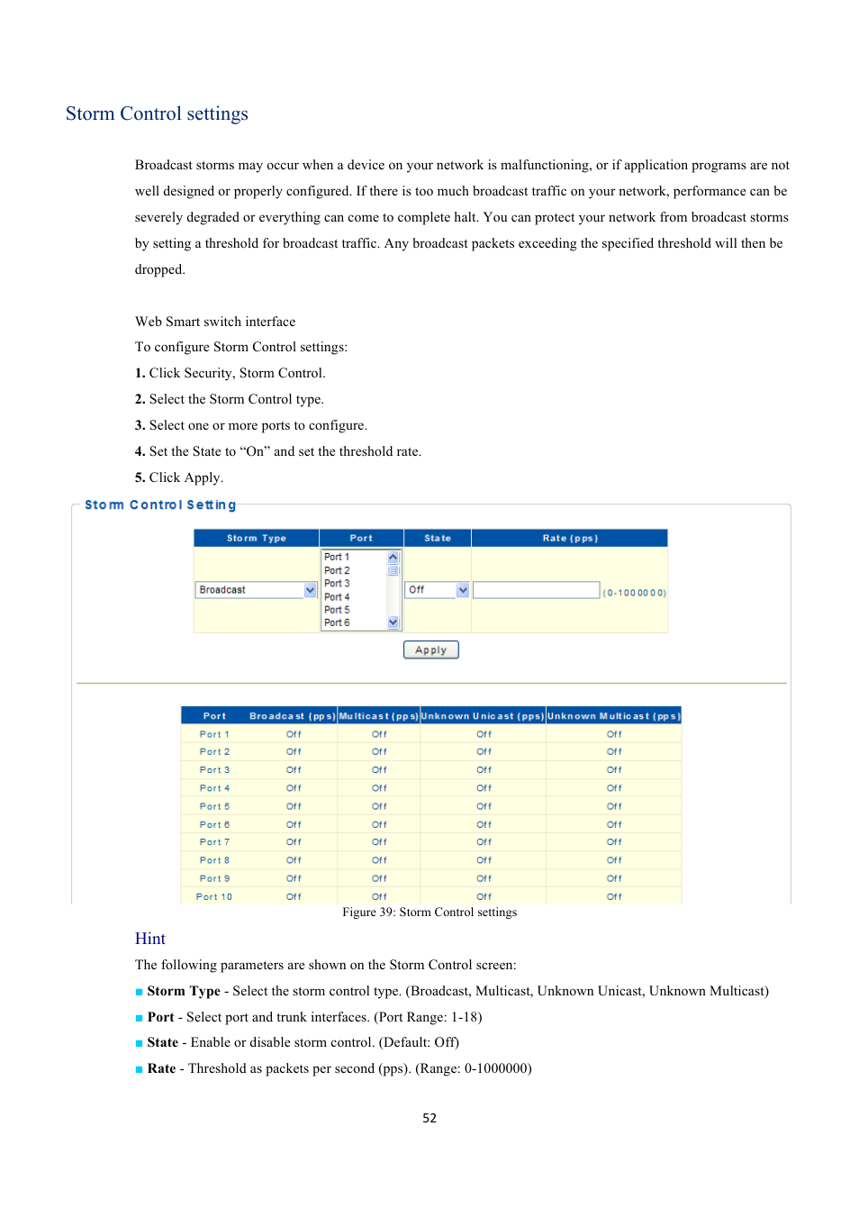 Storm control settings, Hint | INTELLINET NETWORK 560559 16 Ports Gigabit + 2 Gigabit SFP PoE+ Web Management Ethernet Switch User Manual User Manual | Page 52 / 58