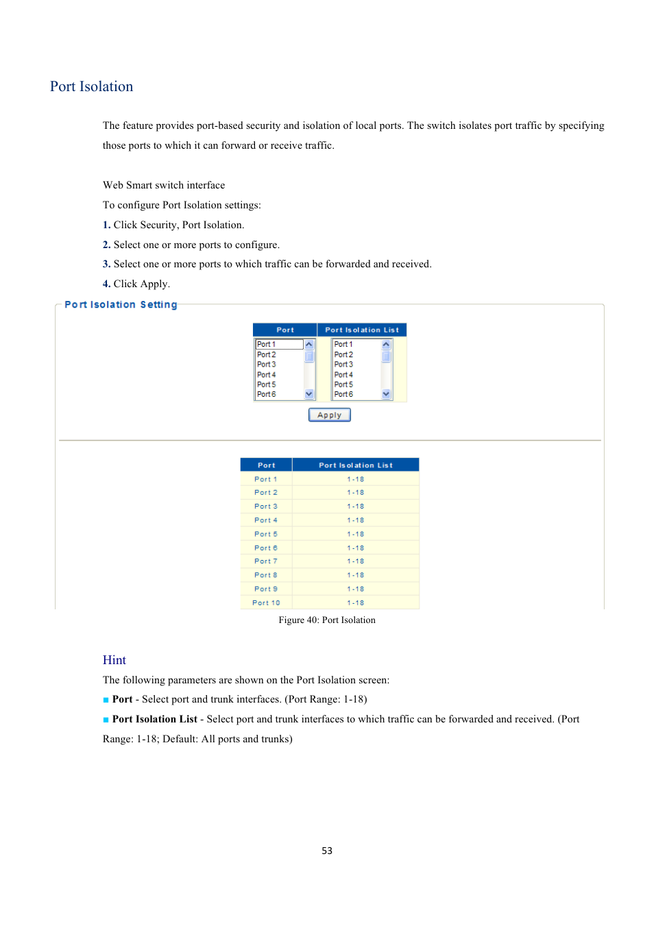 Port isolation | INTELLINET NETWORK 560559 16 Ports Gigabit + 2 Gigabit SFP PoE+ Web Management Ethernet Switch User Manual User Manual | Page 53 / 58