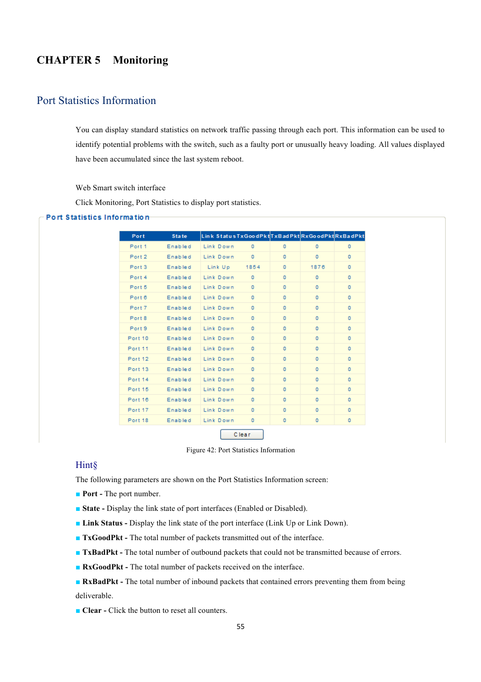 Chapter 5 monitoring port statistics information, Hint | INTELLINET NETWORK 560559 16 Ports Gigabit + 2 Gigabit SFP PoE+ Web Management Ethernet Switch User Manual User Manual | Page 55 / 58