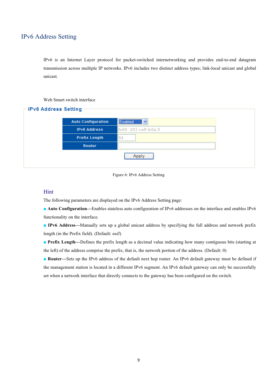 Ipv6 address setting | INTELLINET NETWORK 560559 16 Ports Gigabit + 2 Gigabit SFP PoE+ Web Management Ethernet Switch User Manual User Manual | Page 9 / 58