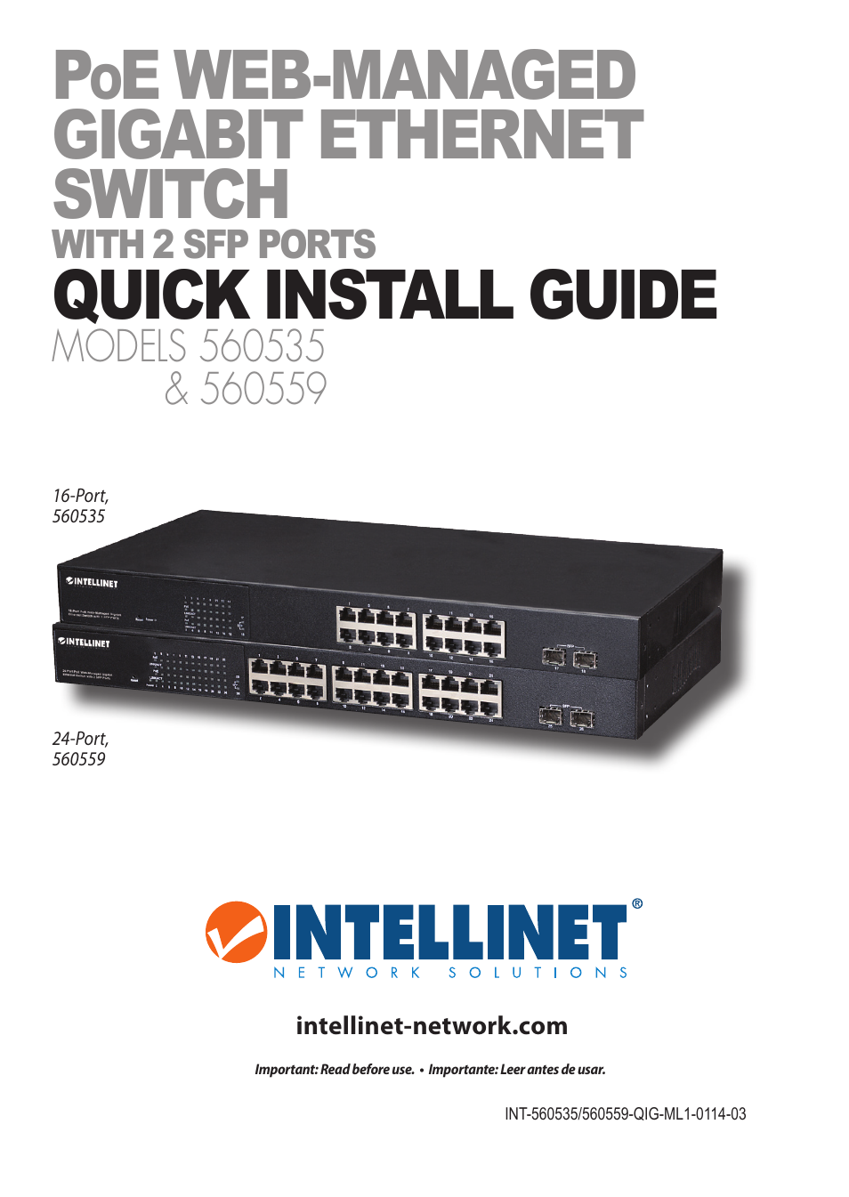 INTELLINET NETWORK 560559 16 Ports Gigabit + 2 Gigabit SFP PoE+ Web Management Ethernet Switch Quick Install Guide User Manual | 12 pages