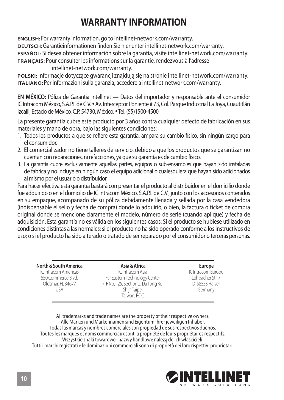 Warranty information | INTELLINET NETWORK 560559 16 Ports Gigabit + 2 Gigabit SFP PoE+ Web Management Ethernet Switch Quick Install Guide User Manual | Page 10 / 12