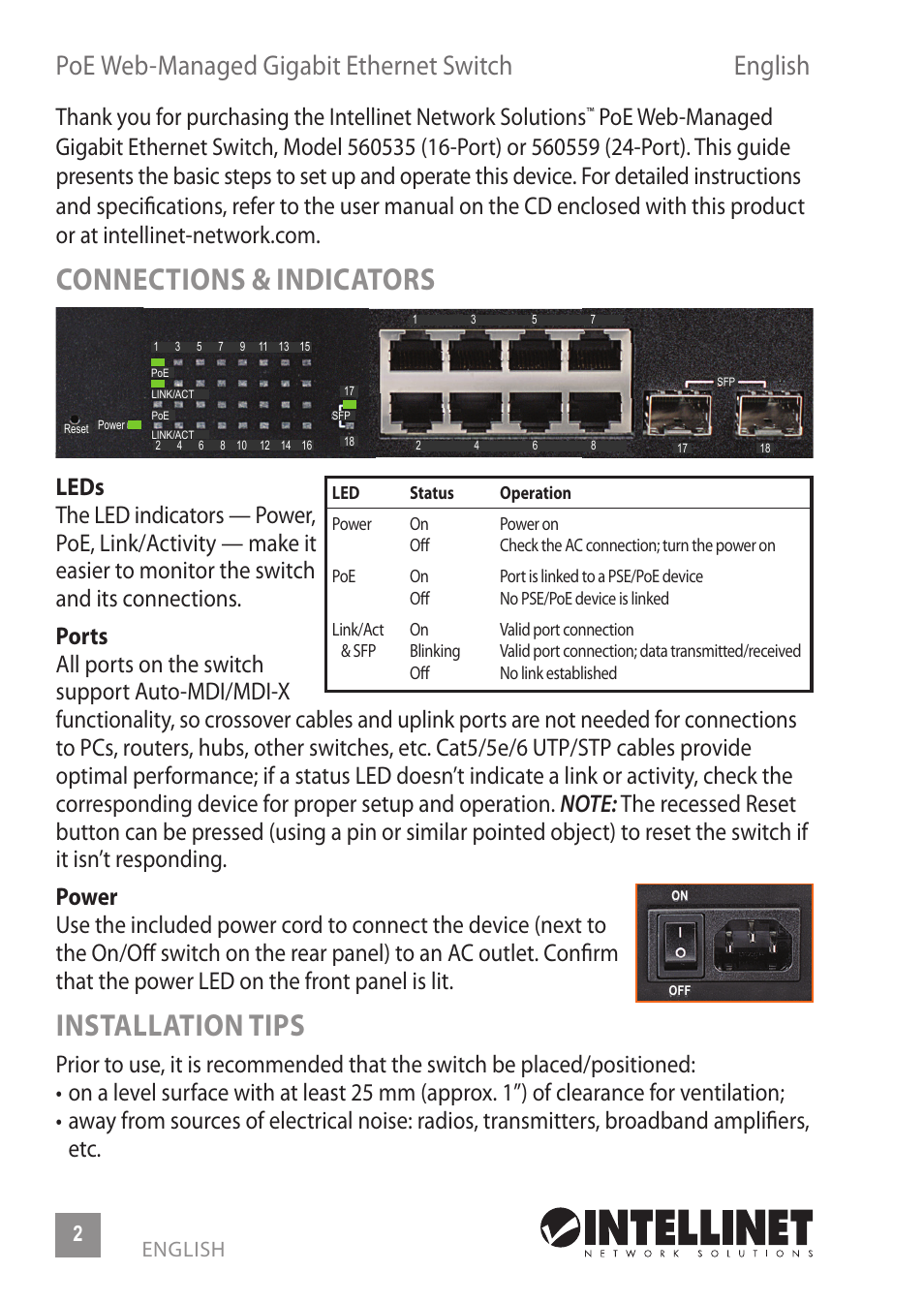 Connections & indicators, Installation tips, Poe web-managed gigabit ethernet switch english | INTELLINET NETWORK 560559 16 Ports Gigabit + 2 Gigabit SFP PoE+ Web Management Ethernet Switch Quick Install Guide User Manual | Page 2 / 12