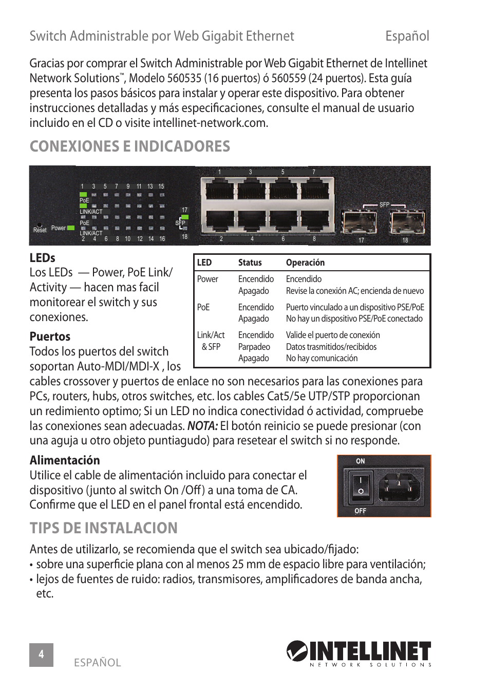 Conexiones e indicadores, Tips de instalacion | INTELLINET NETWORK 560559 16 Ports Gigabit + 2 Gigabit SFP PoE+ Web Management Ethernet Switch Quick Install Guide User Manual | Page 4 / 12