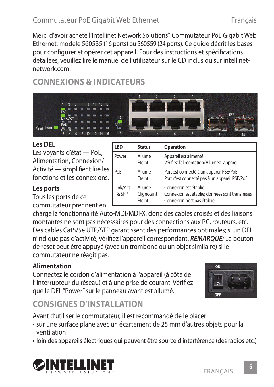 Connexions & indicateurs, Consignes d’installation, Commutateur poe gigabit web ethernet français | INTELLINET NETWORK 560559 16 Ports Gigabit + 2 Gigabit SFP PoE+ Web Management Ethernet Switch Quick Install Guide User Manual | Page 5 / 12