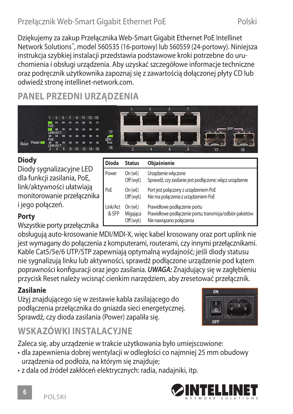 Panel przedni urządzenia, Wskazówki instalacyjne, Przełącznik web-smart gigabit ethernet poe polski | INTELLINET NETWORK 560559 16 Ports Gigabit + 2 Gigabit SFP PoE+ Web Management Ethernet Switch Quick Install Guide User Manual | Page 6 / 12
