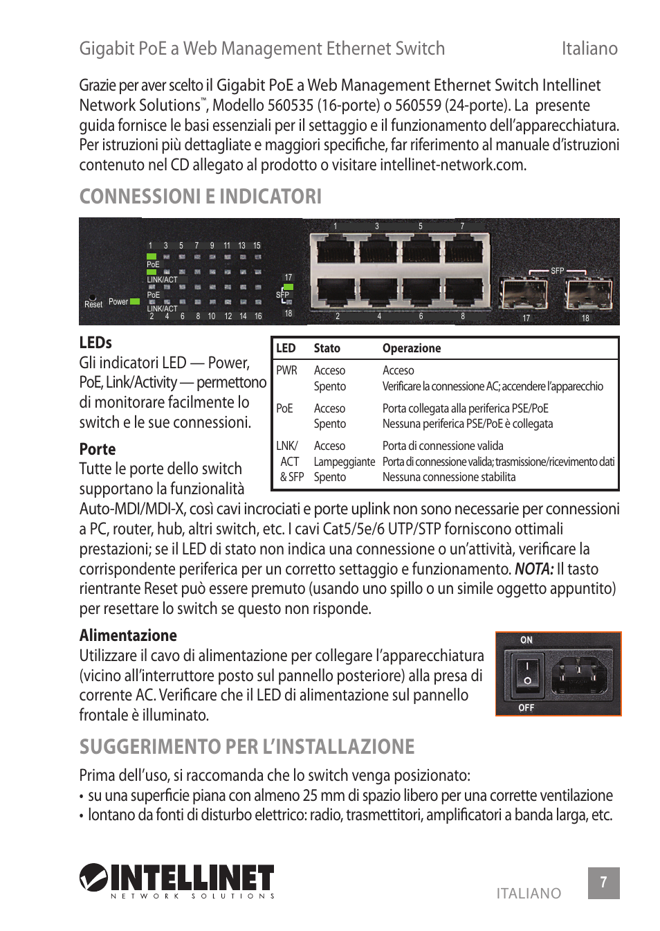 Connessioni e indicatori, Suggerimento per l’installazione | INTELLINET NETWORK 560559 16 Ports Gigabit + 2 Gigabit SFP PoE+ Web Management Ethernet Switch Quick Install Guide User Manual | Page 7 / 12