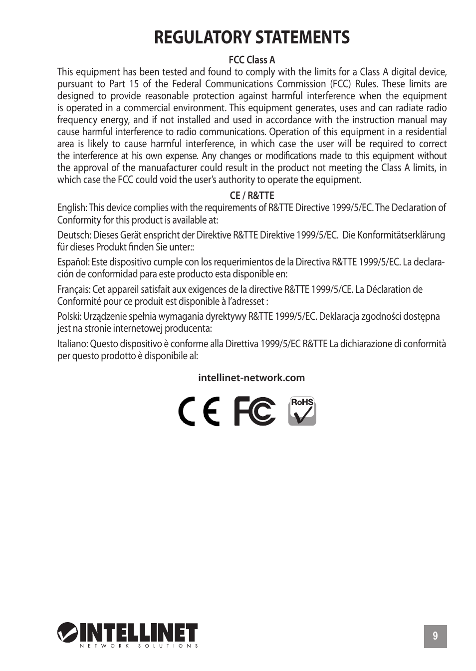 Regulatory statements | INTELLINET NETWORK 560559 16 Ports Gigabit + 2 Gigabit SFP PoE+ Web Management Ethernet Switch Quick Install Guide User Manual | Page 9 / 12