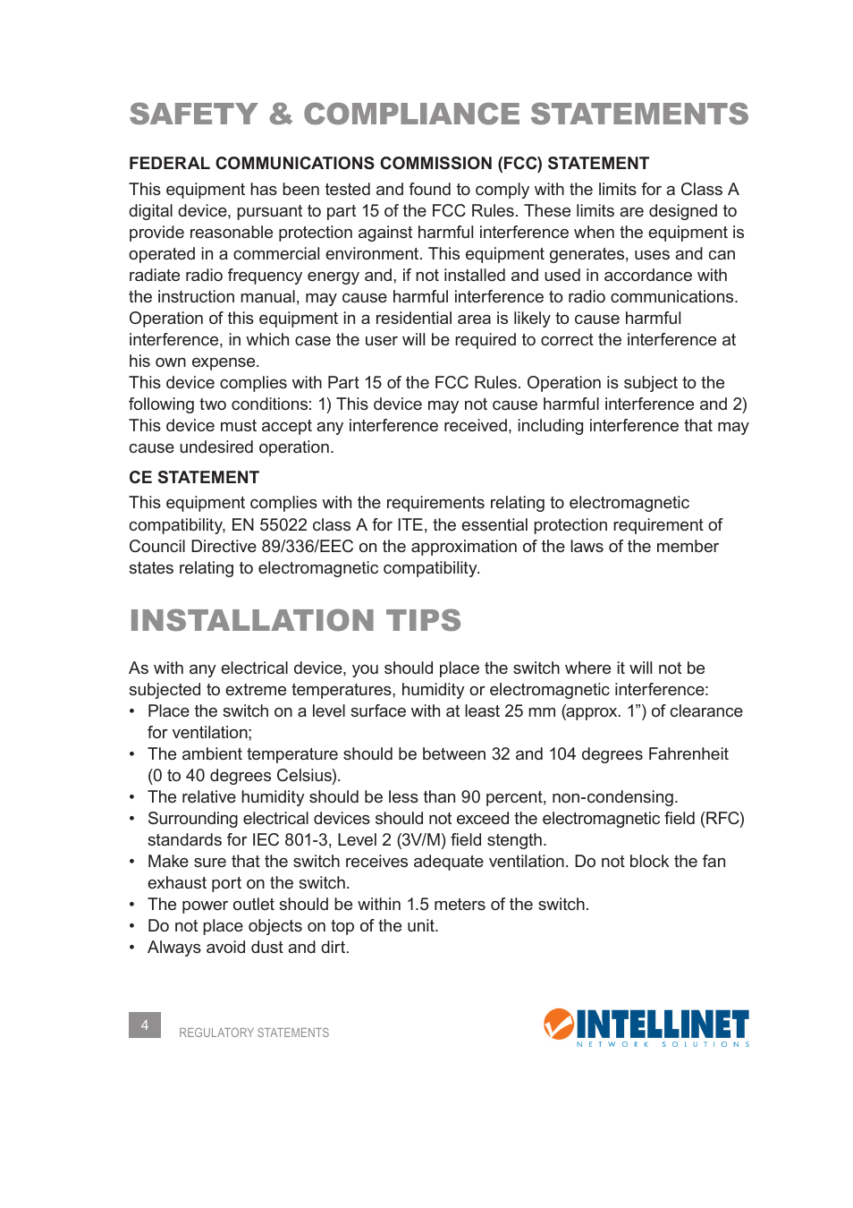 Safety & compliance statements, Installation tips | INTELLINET NETWORK 560542 8 Ports Gigabit PoE+Web Management Desktop Ethernet Switch User Manual User Manual | Page 4 / 28