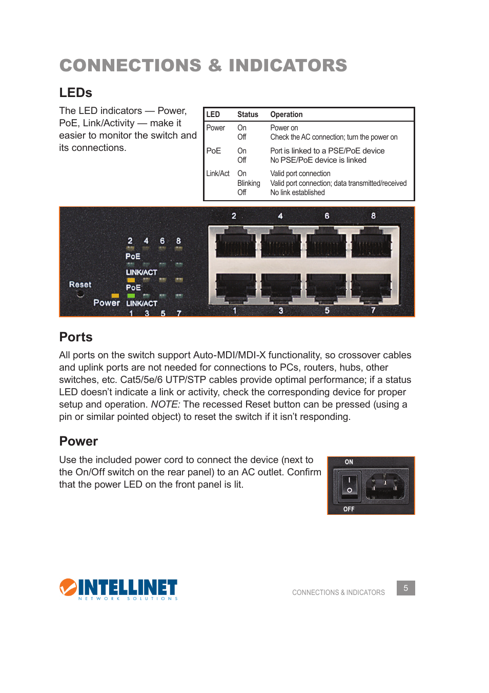 Connections & indicators, Leds, Ports | Power | INTELLINET NETWORK 560542 8 Ports Gigabit PoE+Web Management Desktop Ethernet Switch User Manual User Manual | Page 5 / 28