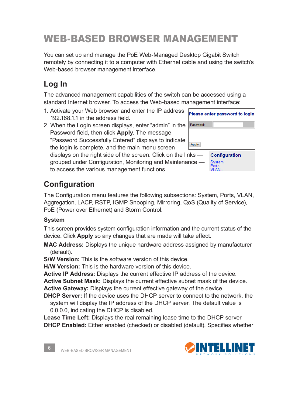 Web-based browser management, Log in, Configuration | INTELLINET NETWORK 560542 8 Ports Gigabit PoE+Web Management Desktop Ethernet Switch User Manual User Manual | Page 6 / 28