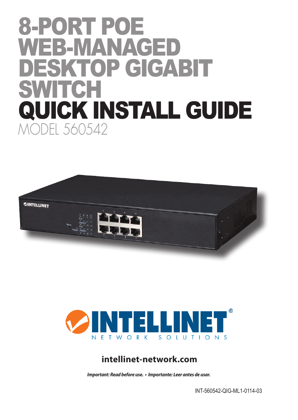 INTELLINET NETWORK 560542 8 Ports Gigabit PoE+Web Management Desktop Ethernet Switch Quick Install Guide User Manual | 12 pages