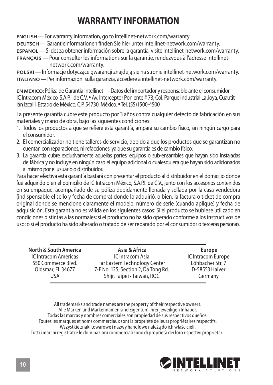 Warranty information | INTELLINET NETWORK 560542 8 Ports Gigabit PoE+Web Management Desktop Ethernet Switch Quick Install Guide User Manual | Page 10 / 12