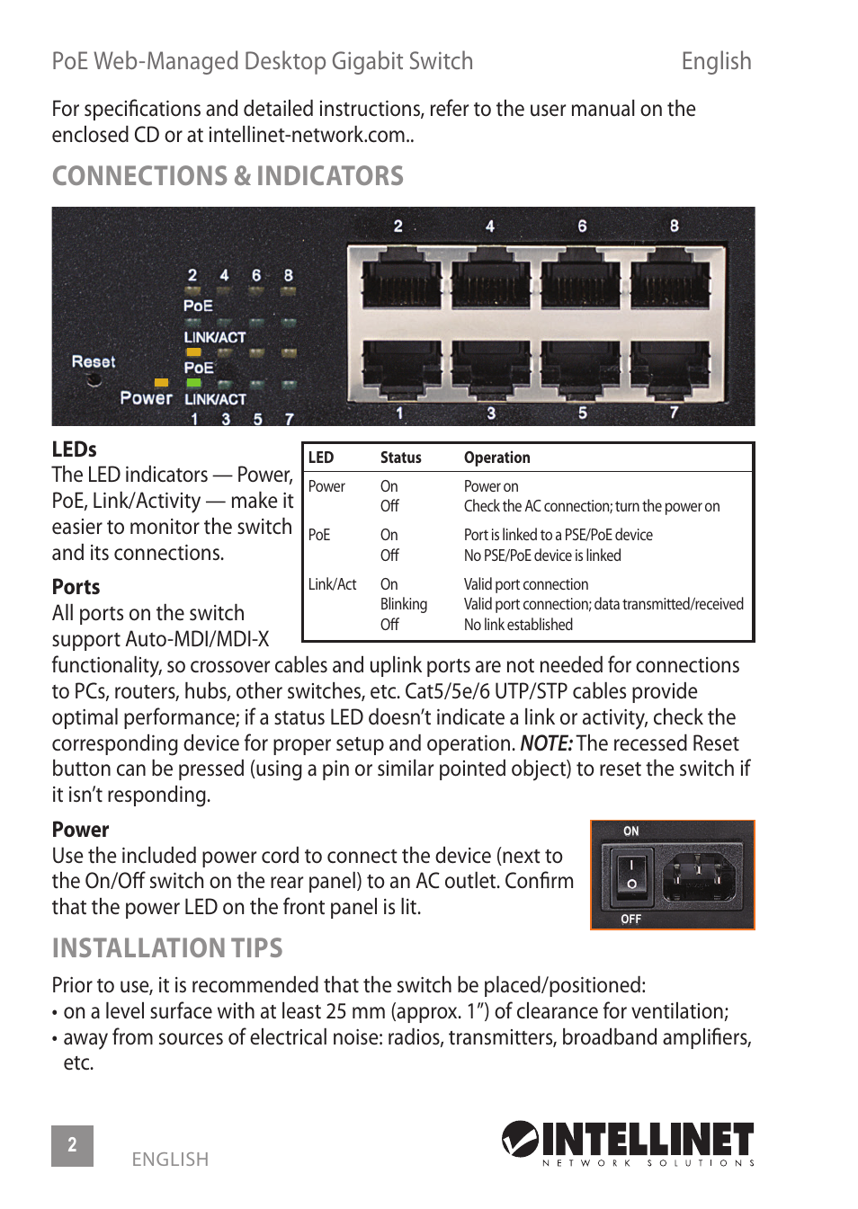 Connections & indicators, Installation tips, Poe web-managed desktop gigabit switch english | INTELLINET NETWORK 560542 8 Ports Gigabit PoE+Web Management Desktop Ethernet Switch Quick Install Guide User Manual | Page 2 / 12