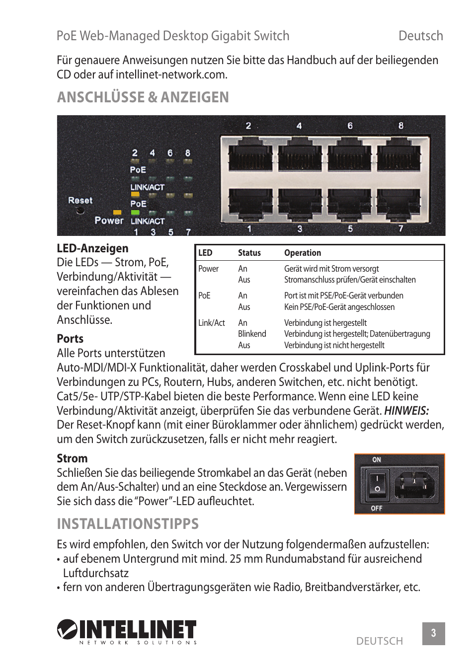 Anschlüsse & anzeigen, Installationstipps, Poe web-managed desktop gigabit switch deutsch | INTELLINET NETWORK 560542 8 Ports Gigabit PoE+Web Management Desktop Ethernet Switch Quick Install Guide User Manual | Page 3 / 12