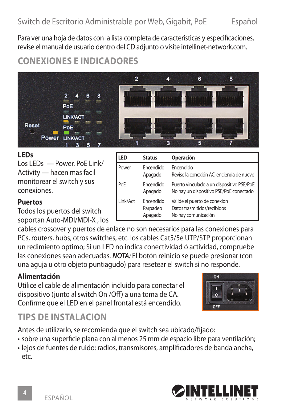 Conexiones e indicadores, Tips de instalacion | INTELLINET NETWORK 560542 8 Ports Gigabit PoE+Web Management Desktop Ethernet Switch Quick Install Guide User Manual | Page 4 / 12