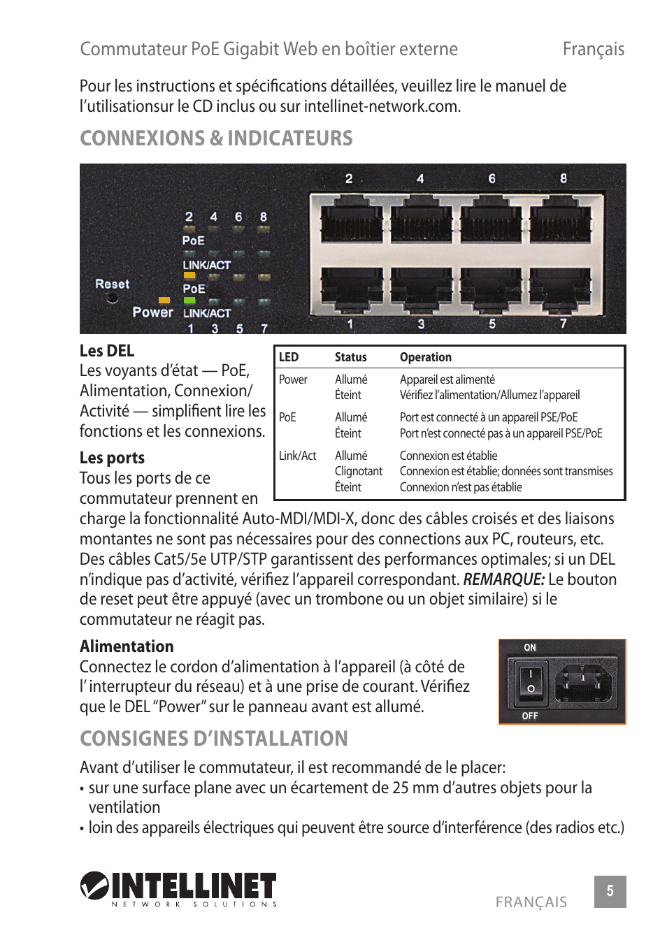 Connexions & indicateurs, Consignes d’installation | INTELLINET NETWORK 560542 8 Ports Gigabit PoE+Web Management Desktop Ethernet Switch Quick Install Guide User Manual | Page 5 / 12