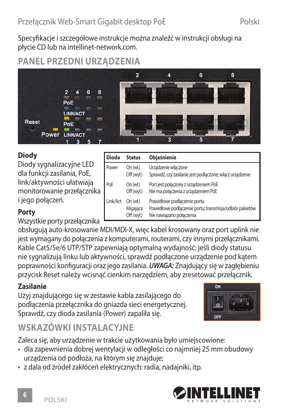 Panel przedni urządzenia, Wskazówki instalacyjne, Przełącznik web-smart gigabit desktop poe polski | INTELLINET NETWORK 560542 8 Ports Gigabit PoE+Web Management Desktop Ethernet Switch Quick Install Guide User Manual | Page 6 / 12