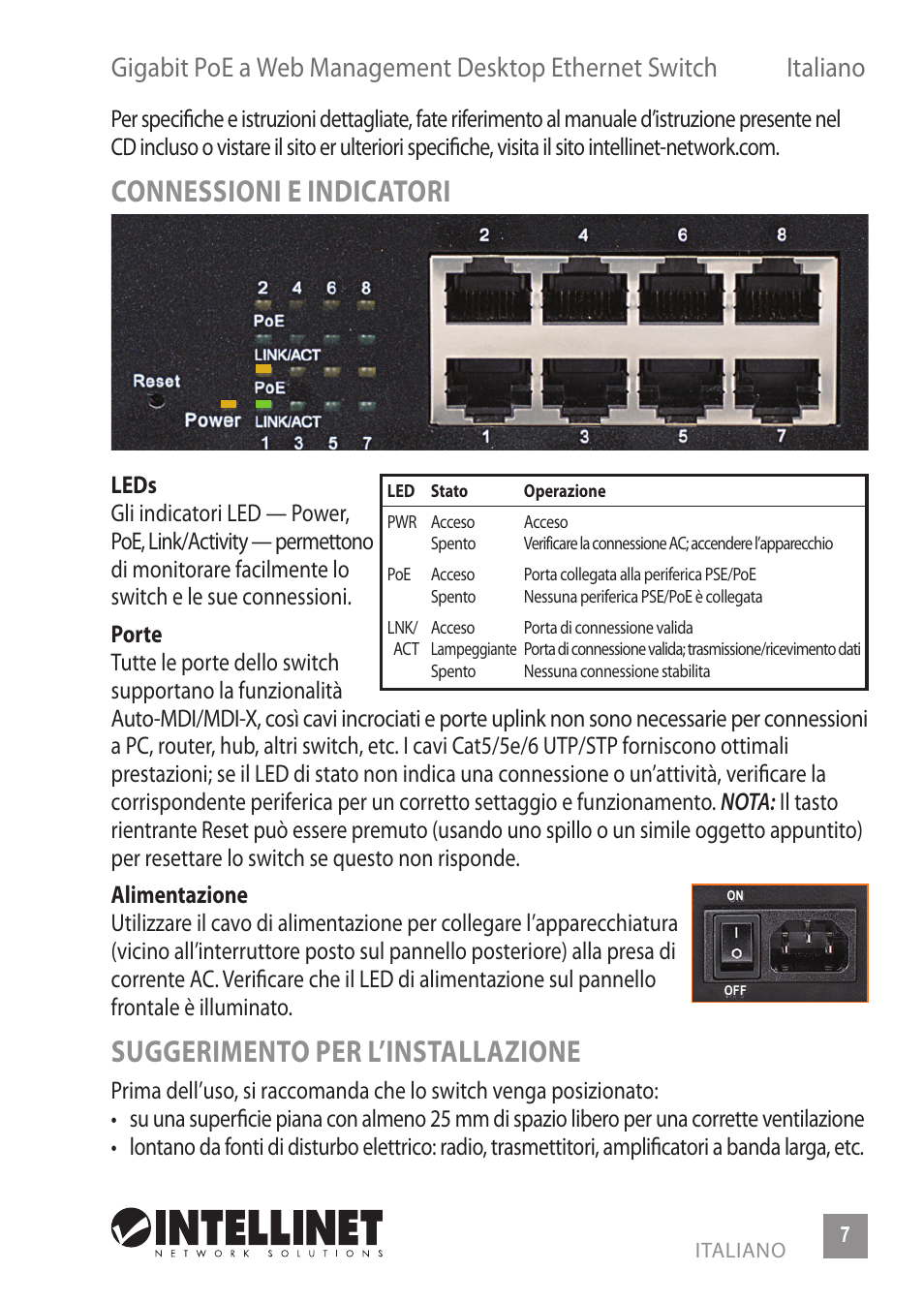 Connessioni e indicatori, Suggerimento per l’installazione | INTELLINET NETWORK 560542 8 Ports Gigabit PoE+Web Management Desktop Ethernet Switch Quick Install Guide User Manual | Page 7 / 12