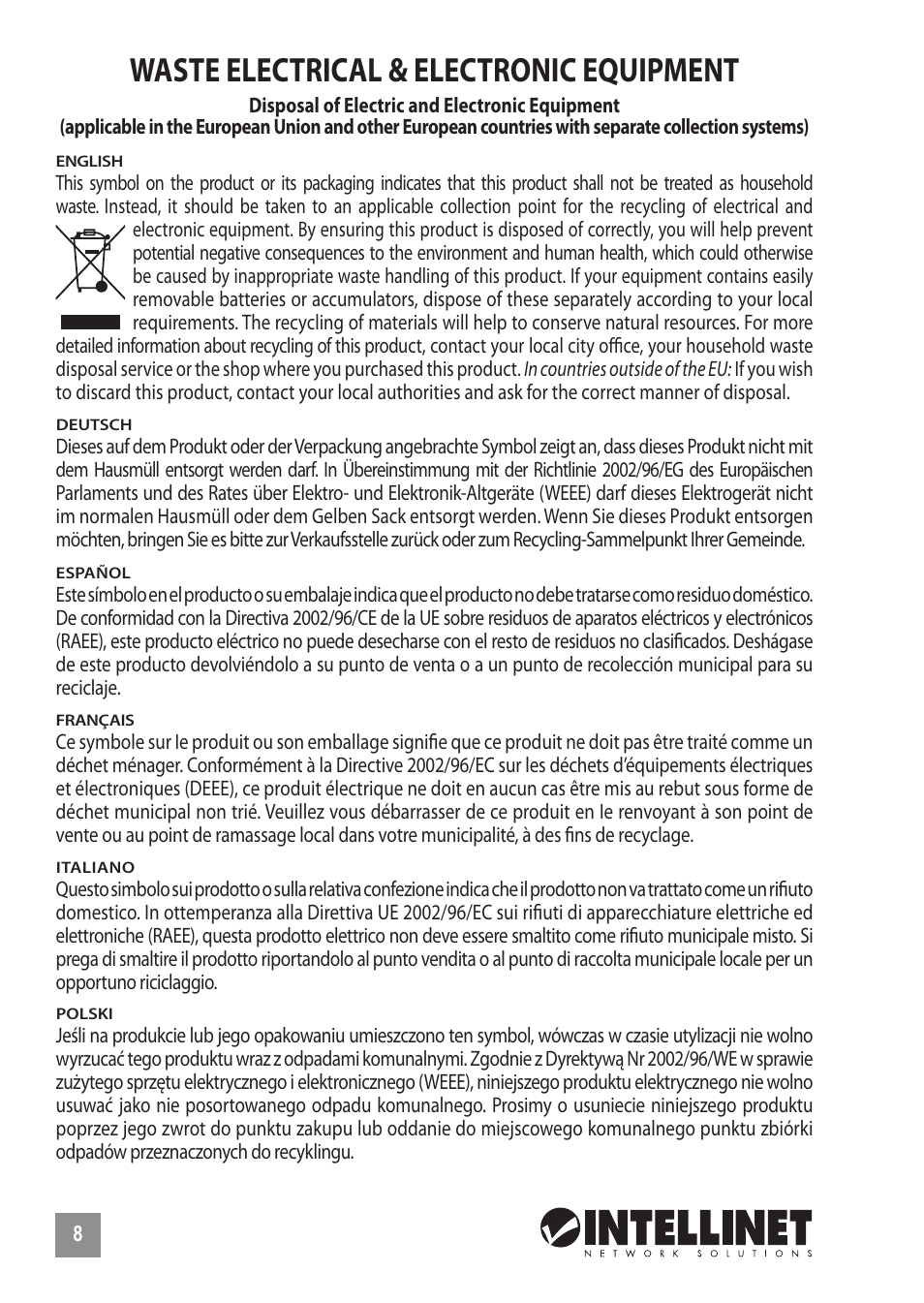 Waste electrical & electronic equipment | INTELLINET NETWORK 560542 8 Ports Gigabit PoE+Web Management Desktop Ethernet Switch Quick Install Guide User Manual | Page 8 / 12