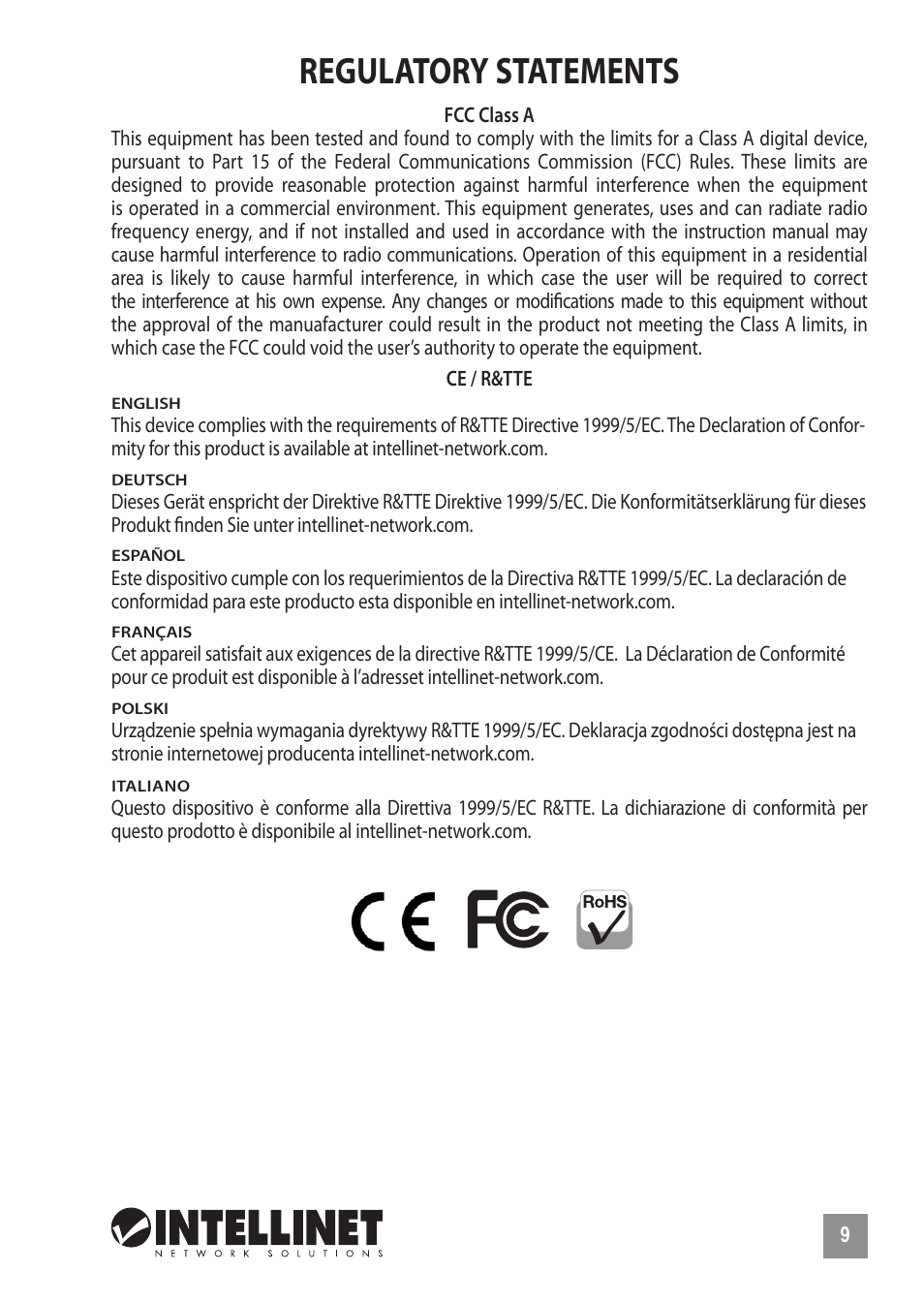 Regulatory statements | INTELLINET NETWORK 560542 8 Ports Gigabit PoE+Web Management Desktop Ethernet Switch Quick Install Guide User Manual | Page 9 / 12