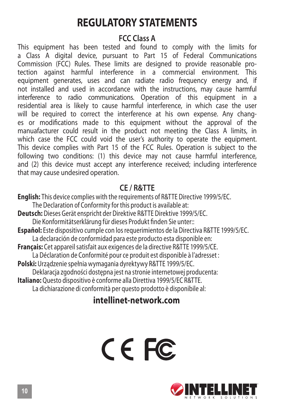 Regulatory statements | INTELLINET NETWORK 520416 24-Port Fast Ethernet Rackmount Switch User Manual | Page 10 / 12