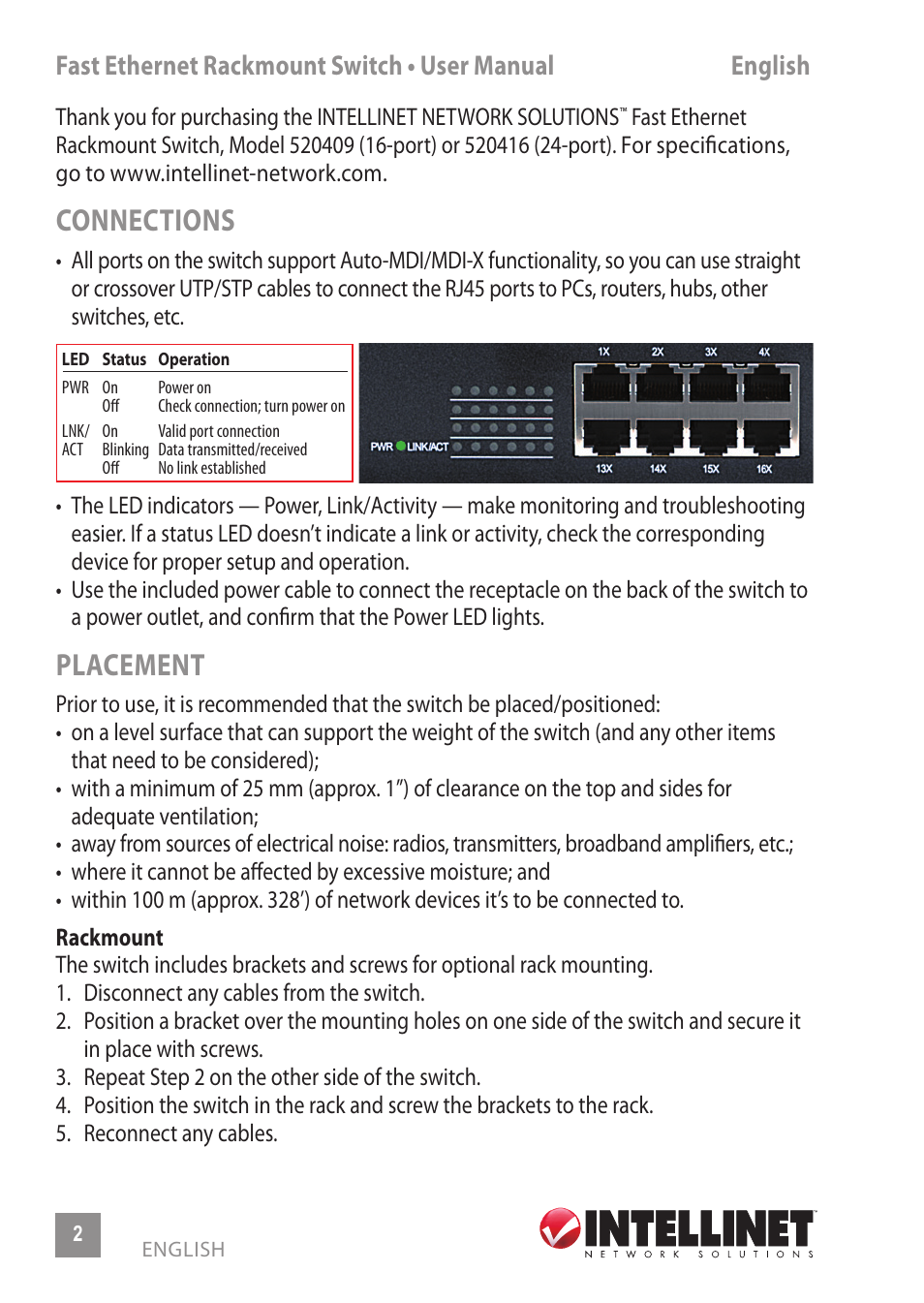 Connections, Placement | INTELLINET NETWORK 520416 24-Port Fast Ethernet Rackmount Switch User Manual | Page 2 / 12