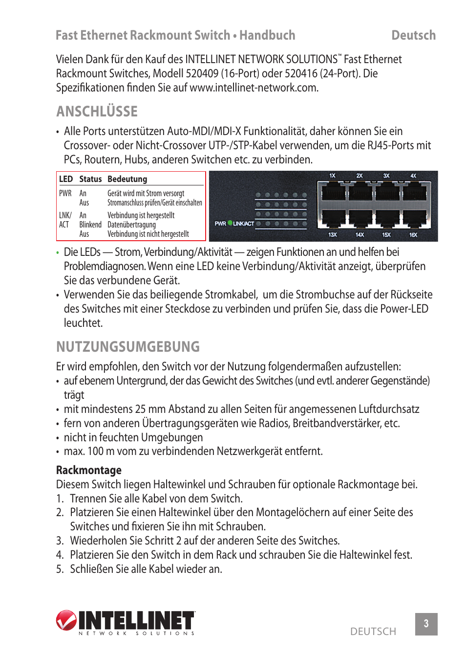 Anschlüsse, Nutzungsumgebung, Fast ethernet rackmount switch • handbuch deutsch | INTELLINET NETWORK 520416 24-Port Fast Ethernet Rackmount Switch User Manual | Page 3 / 12