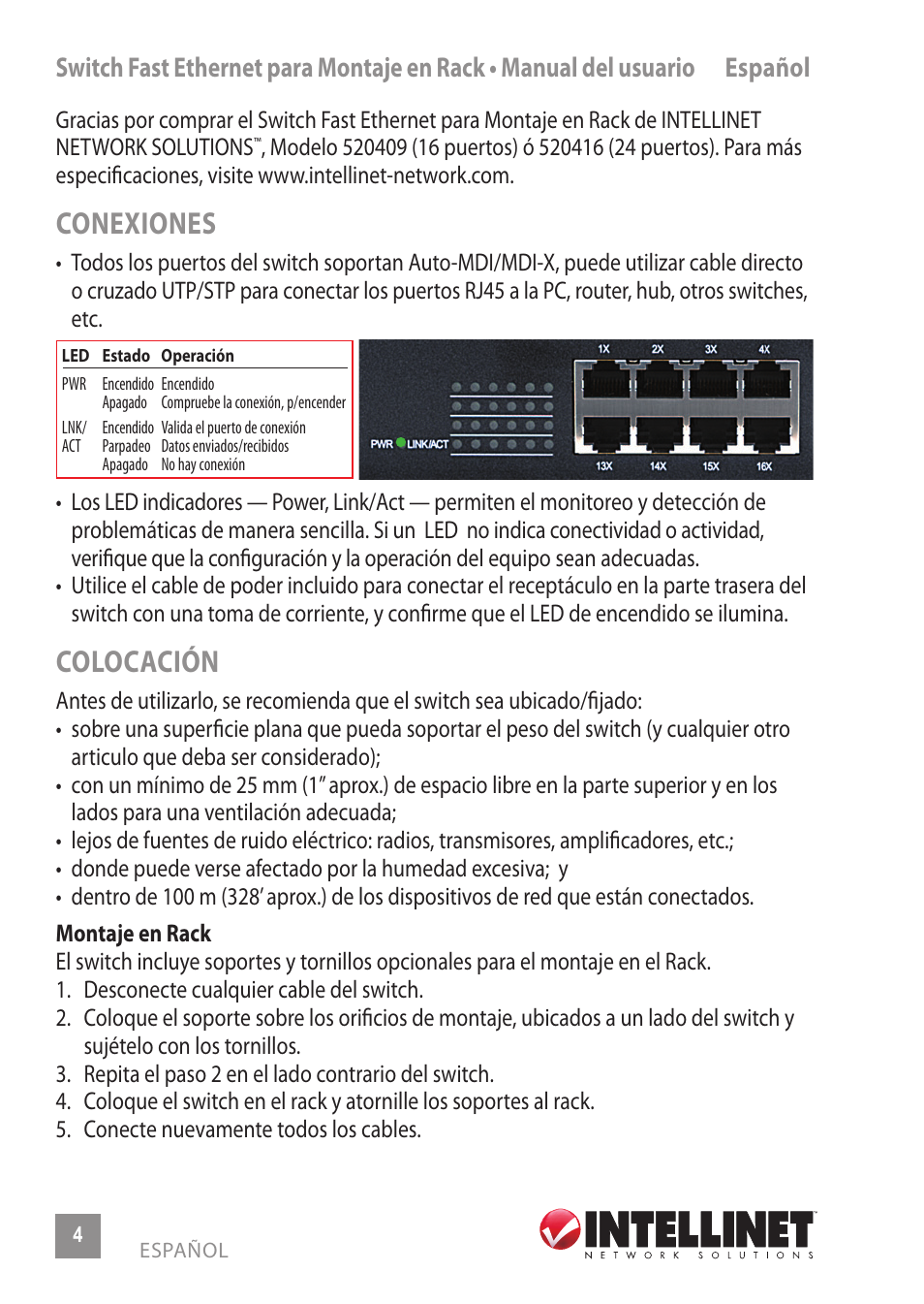 Conexiones, Colocación | INTELLINET NETWORK 520416 24-Port Fast Ethernet Rackmount Switch User Manual | Page 4 / 12