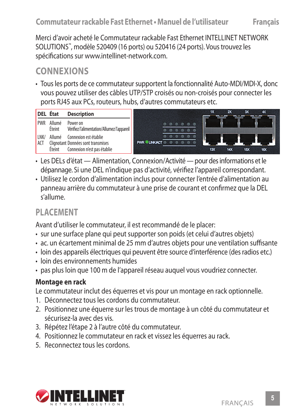 Connexions, Placement | INTELLINET NETWORK 520416 24-Port Fast Ethernet Rackmount Switch User Manual | Page 5 / 12